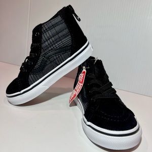 BNWT Vans Toddler 7 Sk8-Hi Zip Shoes No Tie Laces Black Corduroy/Houndstooth